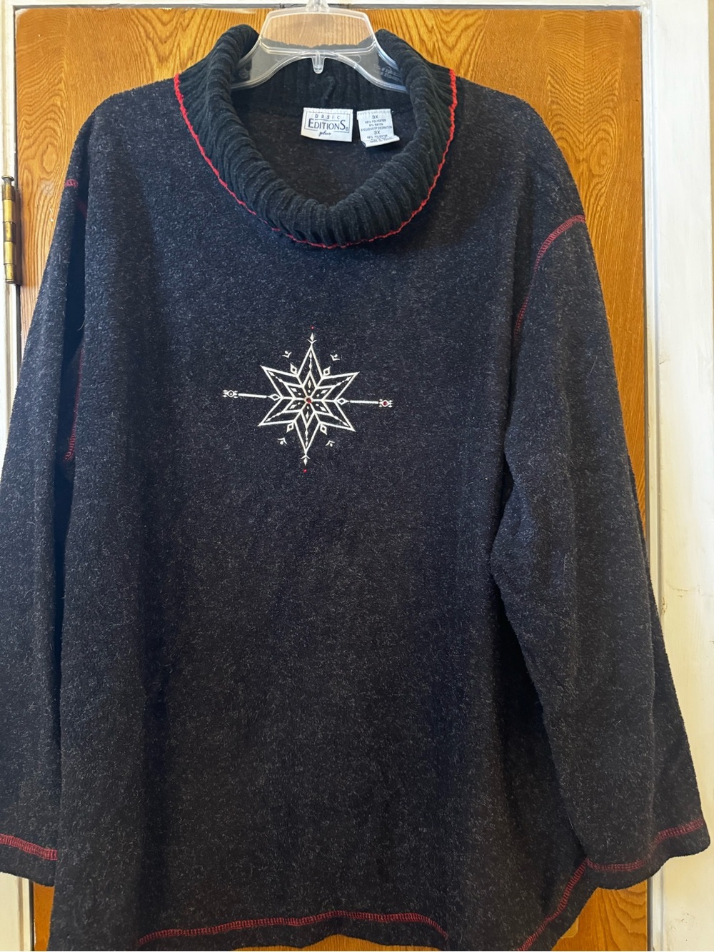 Women’s Plus Black Cowl Neck Sweater with Star Compass Embroidery